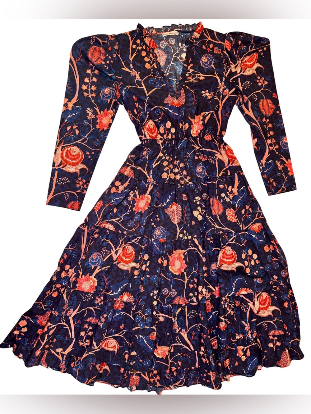 Ulla Johnson Floral Tiered Dress Long Sleeve Boho Ruffle Maxi Navy Orange